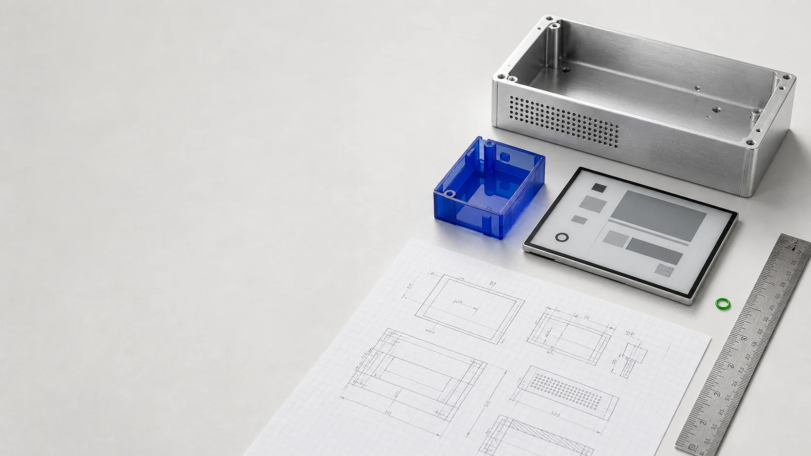Machined aluminum and cobalt acrylic prototypes beside an e-ink interface and technical drawings.